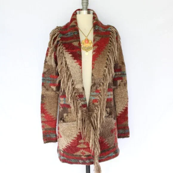 SOLD. RALPH LAUREN Denim Supply fringe polo RRL wool Aztec tribal Cardigan - Picture 4 of 10
